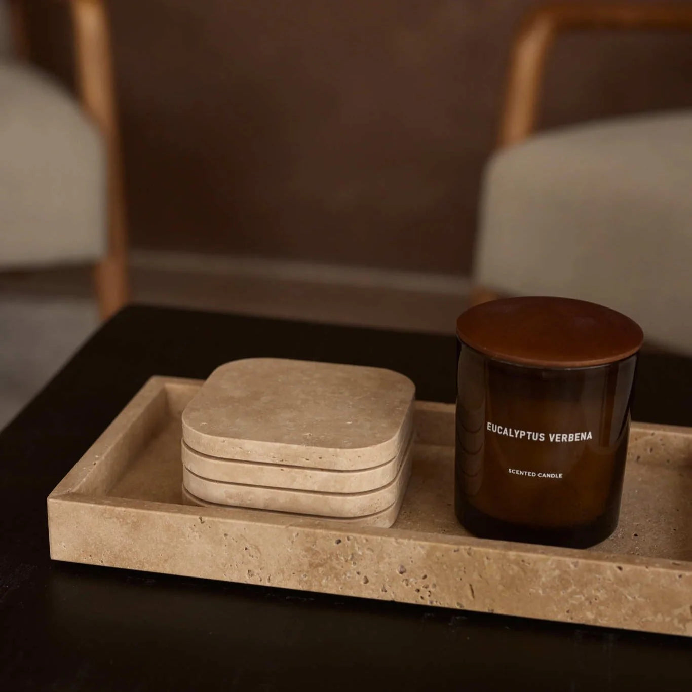 Travertine onderzetter - organisch - set van 4 stuks - 10x10x1cm